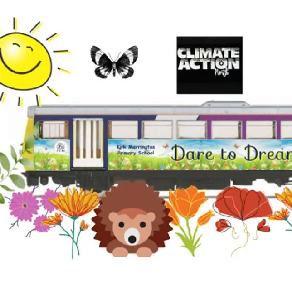 Sketch of a train carriage converted into a school library surrounded by flowers